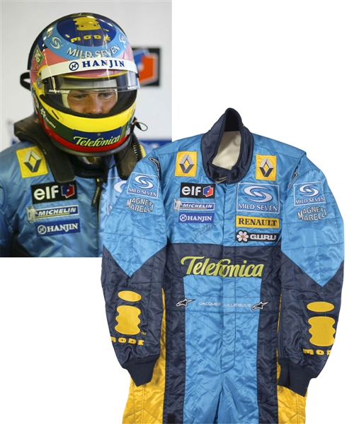Jacques Villeneuves 2004 Mild Seven Renault F1 Team Signed Race-Worn Suit with His Signed LOA