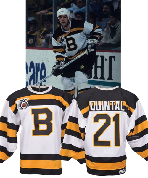 Stephane Quintals 1991-92 Boston Bruins "Turn Back the Clock" Game-Worn Jersey with His Signed LOA - 75th Patch! - Team Repairs!