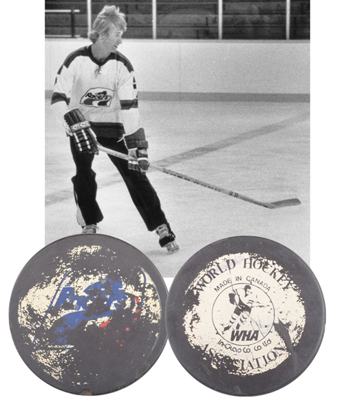 Indianapolis Racers October 14th 1978 Game-Used Puck From Wayne Gretzkys First WHA Game/First Pro Game