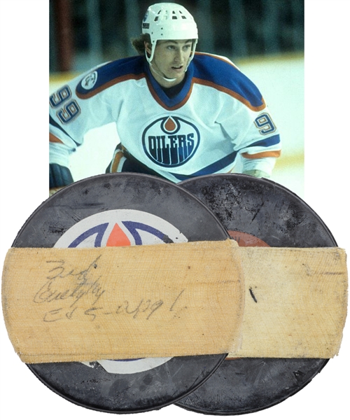 Wayne Gretzkys April 6th 1983 Edmonton Oilers Playoffs Hat Trick Goal Puck with Team LOA - 3rd of 4 Goals in Game!