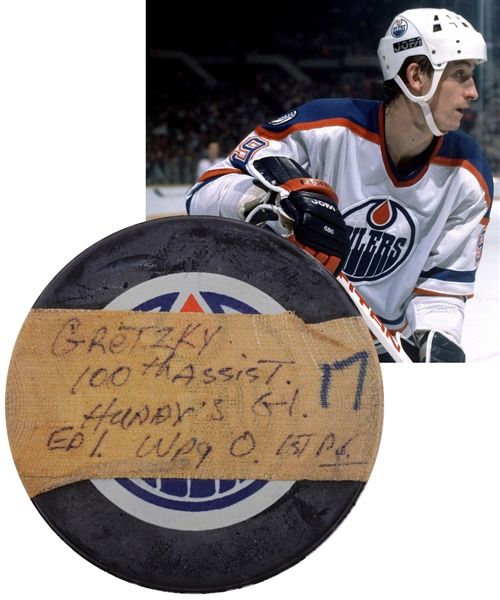 Wayne Gretzkys February 27th 1983 Edmonton Oilers 100th Assist of Season Milestone Puck with Team LOA