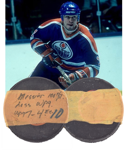 Mark Messiers 1982-83 Edmonton Oilers 100th Point of Season Milestone Goal Puck with LOA