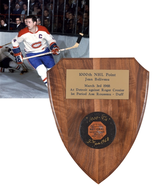 Jean Beliveaus March 3rd 1968 Montreal Canadiens 1000th NHL Point Puck (424th Career Goal) with His Signed LOA