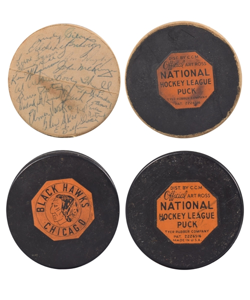 Chicago Black Hawks 1958-59 Team-Signed Puck Plus 1958-62 "Original Six" Art Ross Game Puck - Hawks First Team Logo Puck!