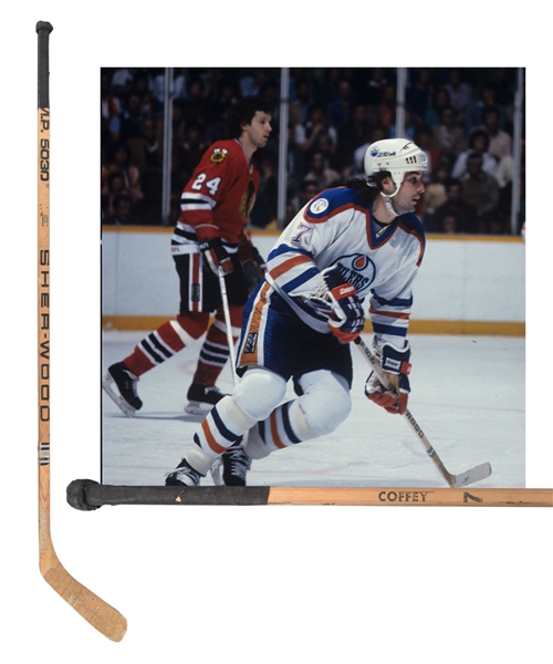 Paul Coffeys 1982-83 Edmonton Oilers Sher-Wood Game-Used Stick with His Signed LOA