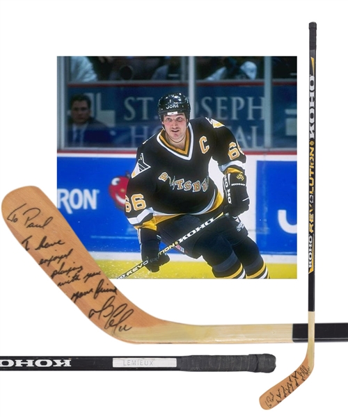 Mario Lemieuxs Mid-1990s Pittsburgh Penguins Signed Koho Game-Used Stick with Lengthy Personalization - Paul Coffeys Signed LOA