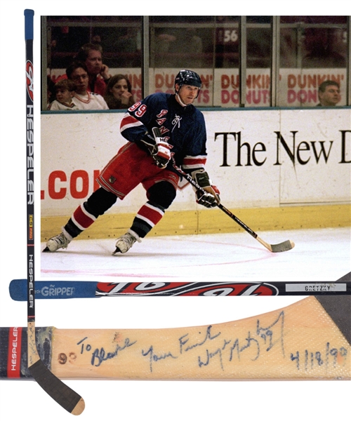 Wayne Gretzkys April 18th 1999 New York Rangers Signed Hespeler Game-Used Stick Gifted to Paul Coffeys Son with Paul Coffeys Signed LOA - Used in His Last Rangers/NHL Game! 
