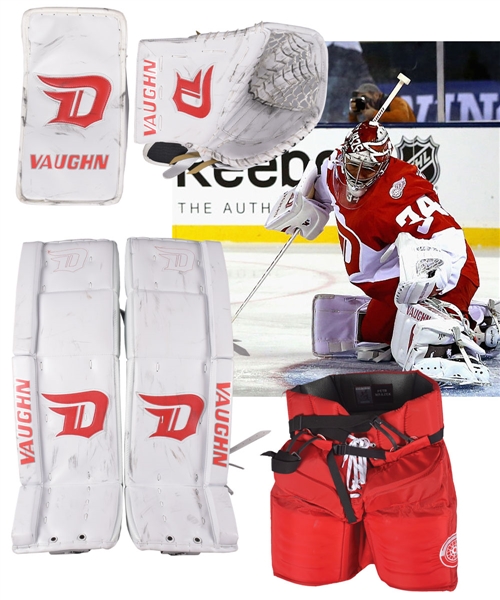 Petr Mrazeks 2016 Stadium Series Detroit Red Wings Game-Worn Vaughn Pads, Glove, Blocker and Pants - Photo-Matched Pads, Glove and Blocker!