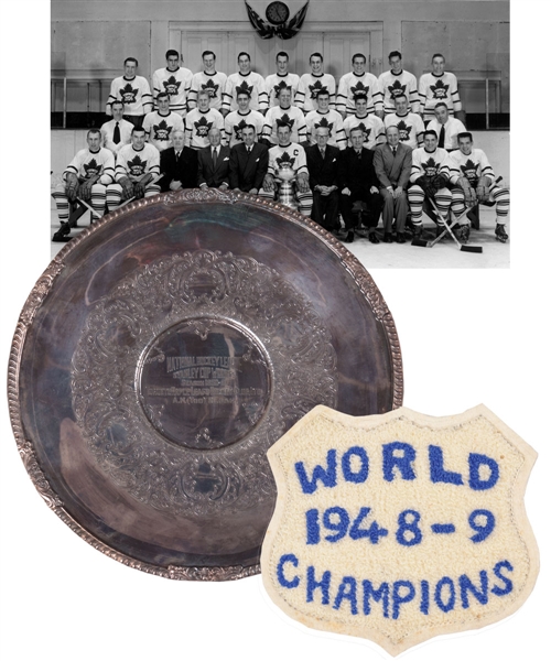 Tod Sloans 1950-51 Toronto Maple Leafs Stanley Cup Championship Tray Plus 1948-49 World Champions Crest with Family LOA