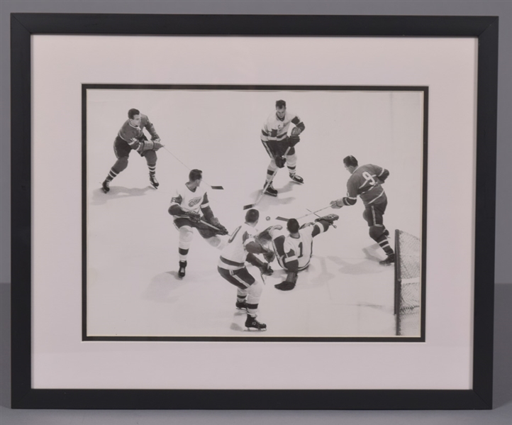 Mid-to-Late-1950s NHL Action Framed Photo of Canadiens vs Red Wings with Howe, Richard Bros, Sawchuk and Others Originally Displayed at the Hockey Hall of Fame with LOA