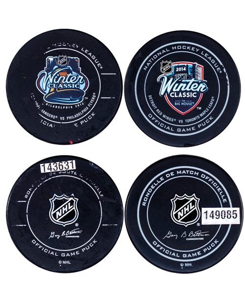 NHL Winter Classic 2012 Game-Used Puck (Rangers vs Flyers - First Period Puck) and 2014 Game-Used Puck (Maple Leafs vs Red Wings - First Puck Used in Game) with LOAs