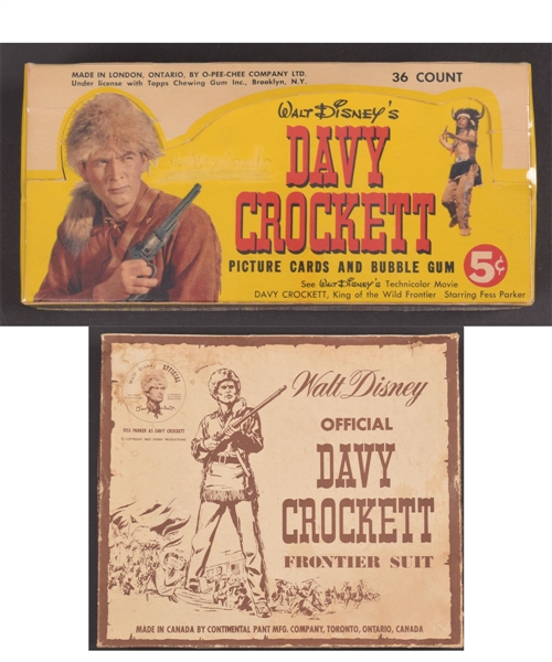 Scarce 1956 O-Pee-Chee Davy Crockett Cards BBCE Certified Display Box, Walt Disney Official Davy Crockett Frontier Suit Box and 1950s Stamp Book