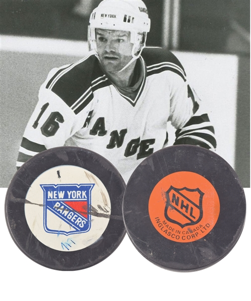 Marcel Dionnes New York Rangers February 7th 1988 "717th" Career Goal Puck with His Signed LOA - Ties Esposito as Second Greatest NHL Scorer of All-Time for Goals