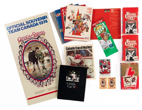Team Canada Collection Including 1974 WHA Series Program and Stand-Up Display, 1976 to 1991 Canada Cup Programs/Books (6), 1991 Future Trends 72 Series and 1976 Canada Cup Cards and One Unopened Box