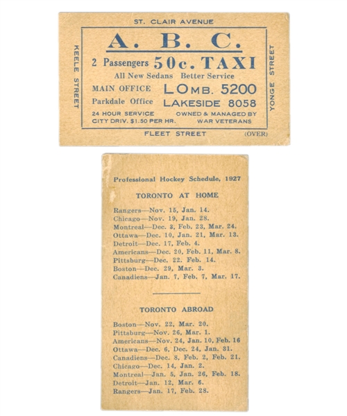 Vintage Hockey Schedule Collection of 5 Including 1927-28 Toronto Maple Leafs A.B.C. Taxi Schedule – First Season as The Maple Leafs! 