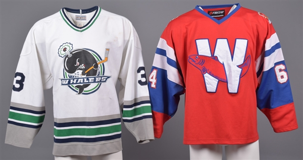 Plymouth Whalers OHL 1997-98 Inaugural Season Game-Worn Jersey (recycled from Hartford Whalers) Plus New Westminster Salmonbellies Lacrosse Game-Worn Jersey