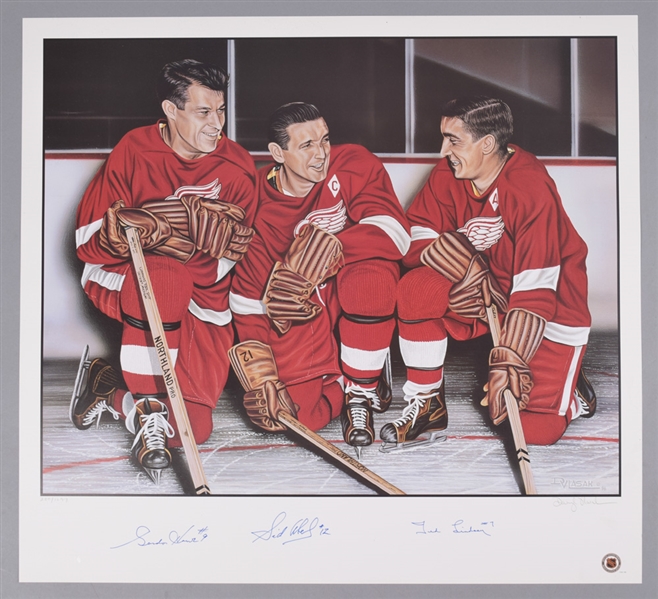 Detroit Red Wings Production Line Limited-Edition Lithograph Autographed by Howe, Abel and Lindsay with LOA (27” x 29 ½”)