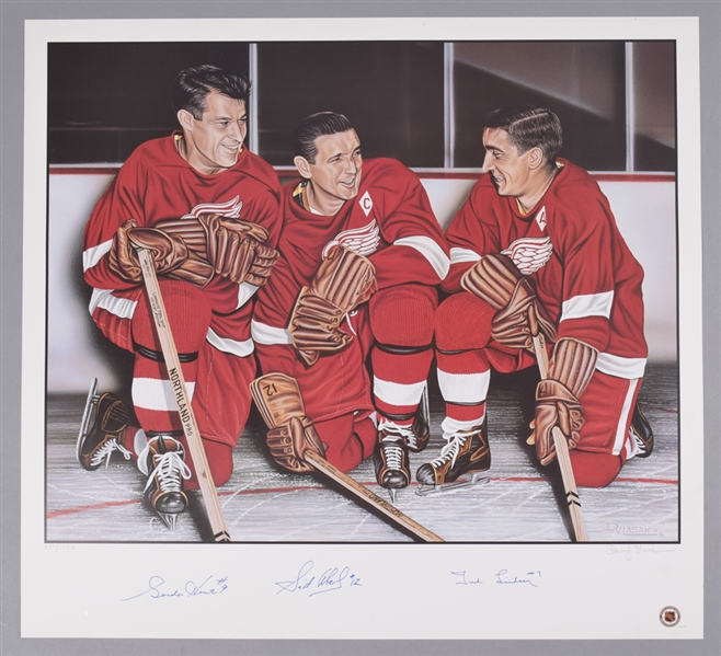 Detroit Red Wings Production Line Limited-Edition Lithograph Autographed by Howe, Abel and Lindsay with LOA (27” x 29 ½”)