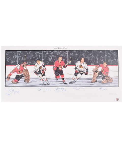 Chicago Black Hawks Limited-Edition Lithograph Autographed by 5 HOFers with LOA (18" x 39")