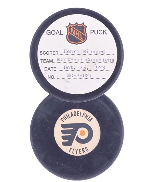 Henri Richards Montreal Canadiens October 25th 1973 Goal Puck from the NHL Goal Puck Program - 2nd Goal of Season / Career Goal #338 - Game-Winning Goal