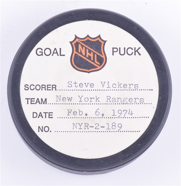 Steve Vickers New York Rangers February 6th 1974 Goal Puck from the NHL Goal Puck Program - 18th Goal of Season / Career Goal #48 - 1st Goal of Hat Trick