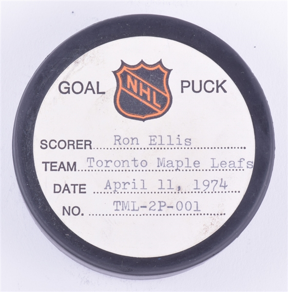 Ron Ellis Toronto Maple Leafs April 11th 1974 Playoff Goal Puck from the NHL Goal Puck Program - 1st Playoff Goal of Season / Career Playoff Goal #10