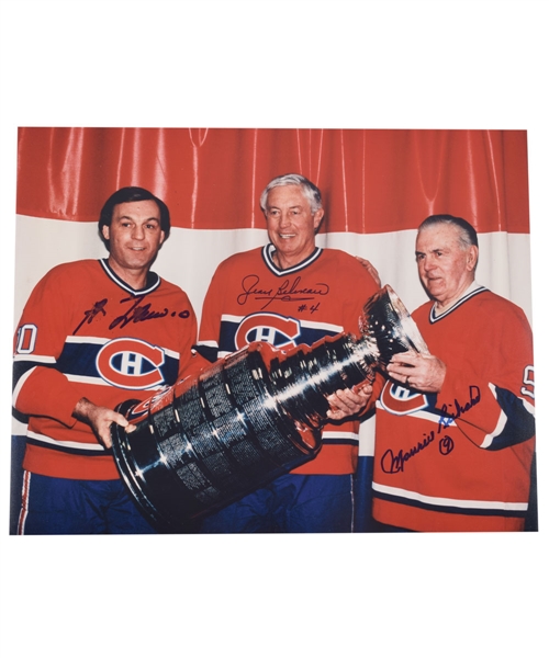 Montreal Canadiens Legends Maurice Richard, Jean Beliveau and Guy Lafleur Triple-Signed Photo with LOA (11" x 14")