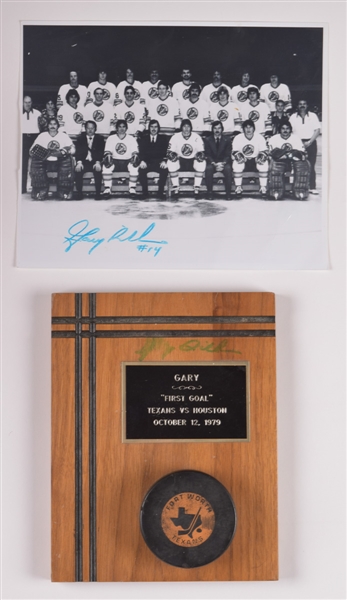 Gary Dillons October 12th 1979 CHL Fort Worth Texans "First Goal" Puck Plaque Plus Team Photo
