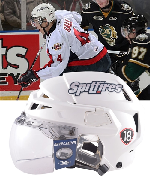 Taylor Halls 2009-10 OHL Windor Spitfires Game-Worn Helmet with Team LOA - Photo-Matched!