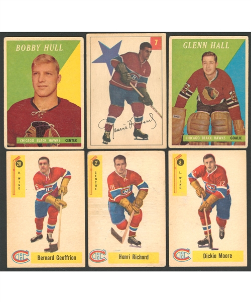 1958-59 Topps Hockey #66 HOFer Bobby Hull RC Card, 1954-55 Parkhurst Hockey #7 HOFer Maurice Richard Card Plus 58-59 Parkhurst and Topps Hockey Cards (8)