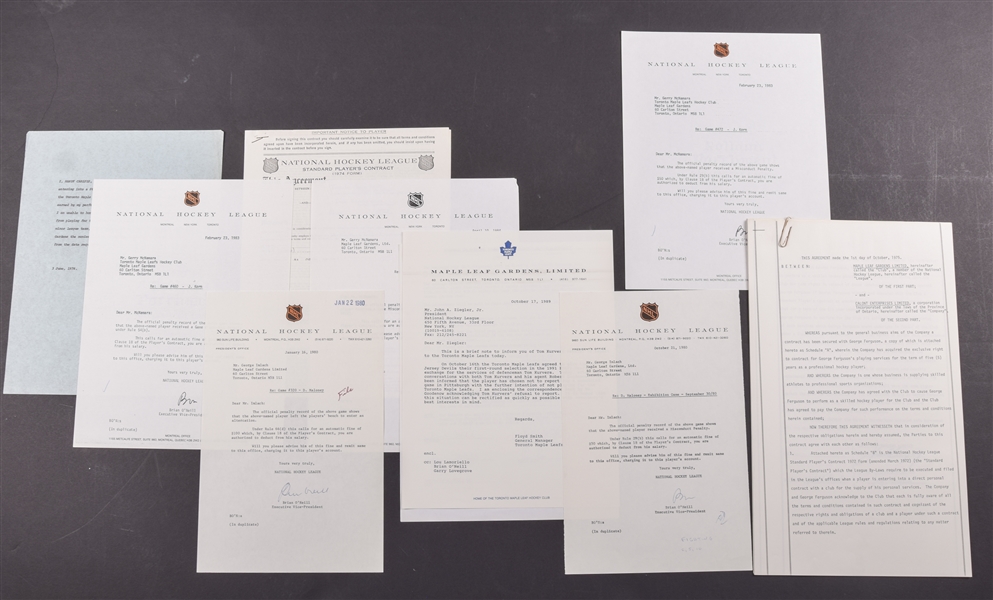 Toronto Maple Leafs 1970s/1980s Official NHL Contract and Document Collection of 10 Including Signatures of HOFers Gregory, Ziegler and ONeill
