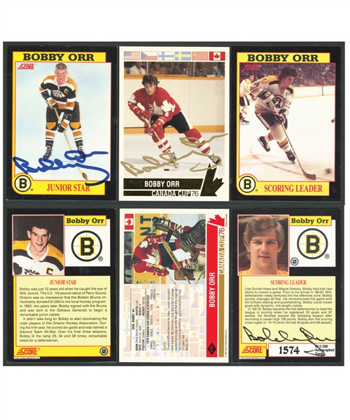 Bobby Orr Hockey Card Collection of 6 Including 1992-93 Signed Future Trends Gold Card, 1991-92 Signed Score Cards (2) Plus HHOF Signed Guest Pass