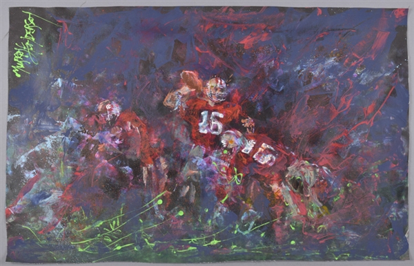 Joe Montana San Francisco 49ers “Ready to Fire” Original Painting on Canvas by Renowned Artist Murray Henderson (20 ½” x 32 ½”) 