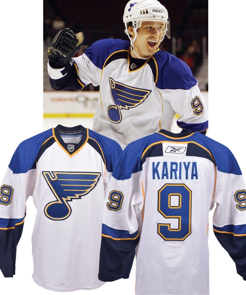 Paul Kariyas 2007-08 St. Louis Blues Signed "1st Road Game of Season" Game-Worn Jersey with Team LOA