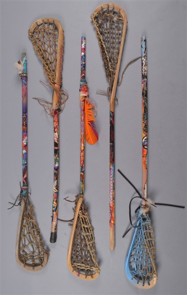 Wonderfully Painted Vintage Lacrosse Stick Collection of 5 with First Nations Imagery by Renowned Artist Murray Henderson  