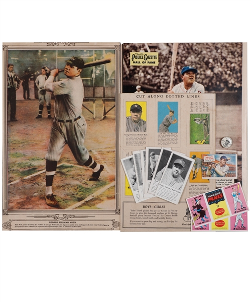 Babe Ruth Memorabilia Collection Including 1928 "La Presse" NY Yankees Picture, 1934 Quaker Oats Pin, 1954 Topps Scoop #41 Card and 1966 Comic Book Foldees #12 Cards (2)