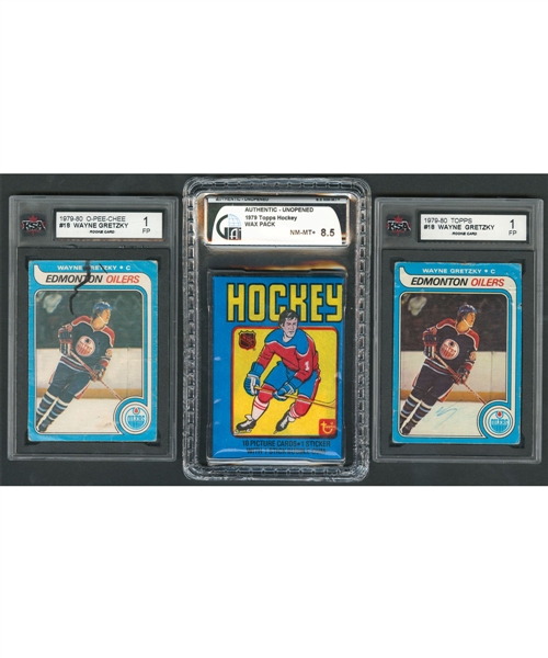 1979-80 Topps Hockey Wax Pack Graded GAI 8.5 "Authentic-Unopened" Plus 1979-80 O-Pee-Chee and Topps Hockey #18 HOFer Wayne Gretzky RC Card Collection of 10 