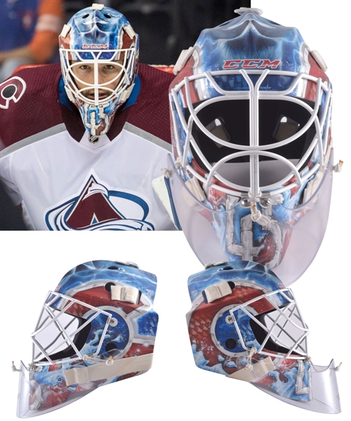 Jonathan Berniers 2017-18 Colorado Avalanche Game-Worn Lefevre Goalie Mask with His Signed LOA - Photo-Matched!