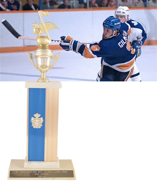 Doug Gilmours 1985-86 St. Louis Blues "St. Louis Blueliners Most Colorful Player Award" Trophy with His Signed LOA (18”) 