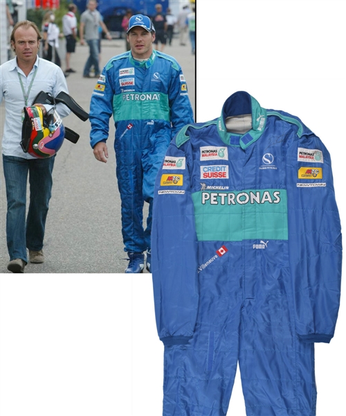 Jacques Villeneuves 2005 Credit Suisse Sauber Petronas F1 Team Signed Race-Worn Suit with His Signed LOA