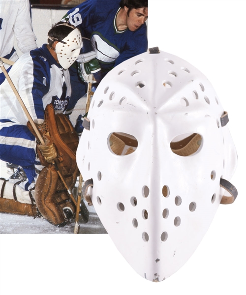 Scarce Early-1970s Fibrosport (Jacques Plantes Company) Professional Molded Goalie Mask with Jacques Plantes Son Letter 