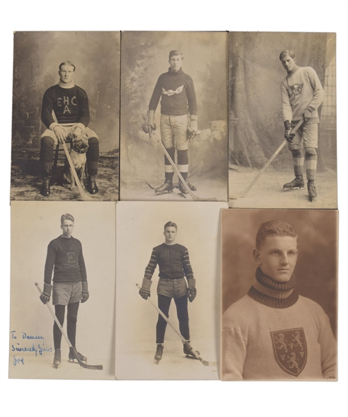 Vintage 1910s-1940s Hockey Player Postcard and Photo Collection of 16 - Most are Real Photo Postcards Depicting Early Equipment/Jerseys