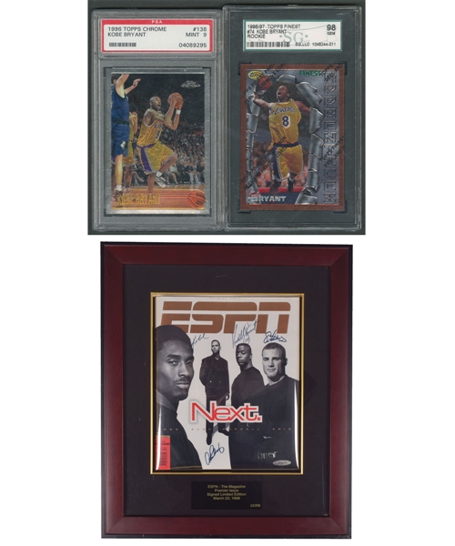 1996-97 Topps Chrome #138 Kobe Bryant RC (PSA 9), 1996-97 Topps Finest #74 Kobe Bryant RC (SG 98 GEM) and ESPN 1998 Premier Issue Multi-Signed Including Bryant #23/250 with LOA
