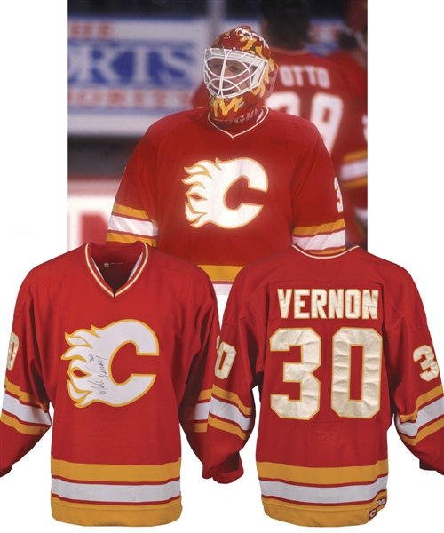 Mike Vernons 1993-94 Calgary Flames Signed Game-Worn Jersey