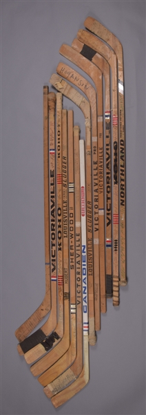 1970s Game-Used, Game-Issued, Team-Signed and Pattern Stick Collection of 13 Including Team-Signed Sticks of Sabres, Toros, Aeros and Team Canada
