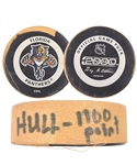 Brett Hulls 1999-2000 Dallas Stars "1100th NHL Career Point" Milestone Puck with His Signed LOA