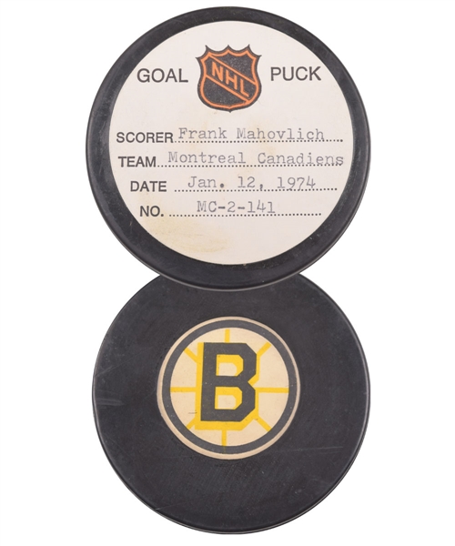 Frank Mahovlichs Montreal Canadiens January 12th 1974 Goal Puck from the NHL Goal Puck program - 12th Goal of Season / Career Goal #514