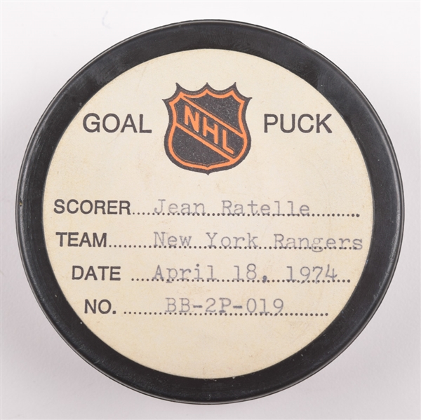 Jean Ratelles New York Rangers April 18th 1974 Playoff Goal Puck from the NHL Goal Puck Program - 2nd Playoff Goal of Season /Career Playoff Goal #8 / Game and Series Game-Winning Goal