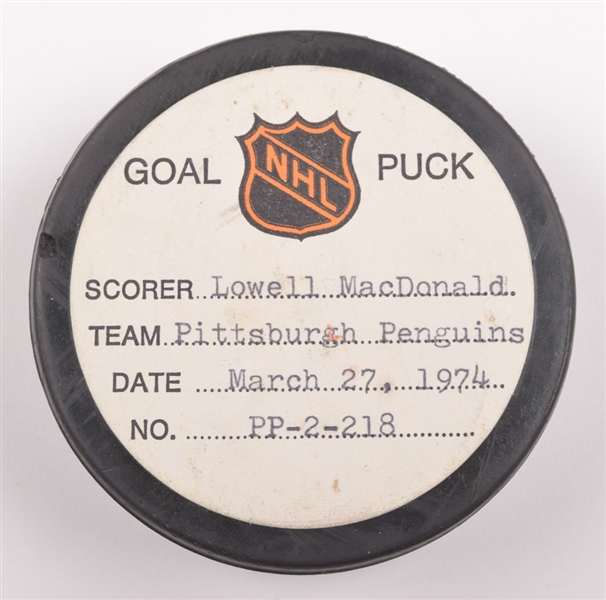 Lowell MacDonalds Pittsburgh Penguins March 27th 1974 Goal Puck from the NHL Goal Puck Program - 37th Goal of Season / Career Goal #111 / 1st Goal of Natural Hat Trick