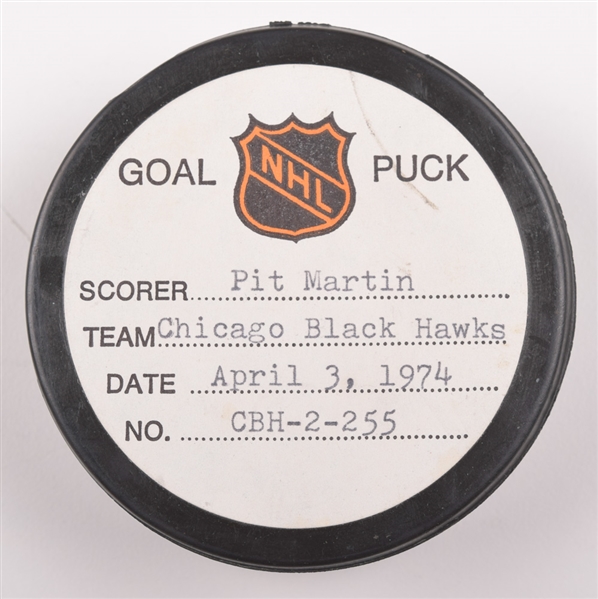 Pit Martins Chicago Black Hawks April 3rd 1974 Goal Puck from the NHL Goal Puck Program - 30th Goal of Season / Career Goal #228